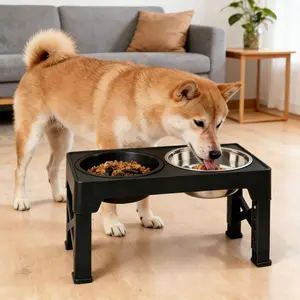 Adjustable Elevated Dog Bowl Set with Double Bowls, Raised Slow Feeder, Non-Slip Sturdy Stand, 5 Height Levels, Neck Protection, Anti-Slip Base, Storage Shelf, Chew-Resistant, for All Dog Breeds