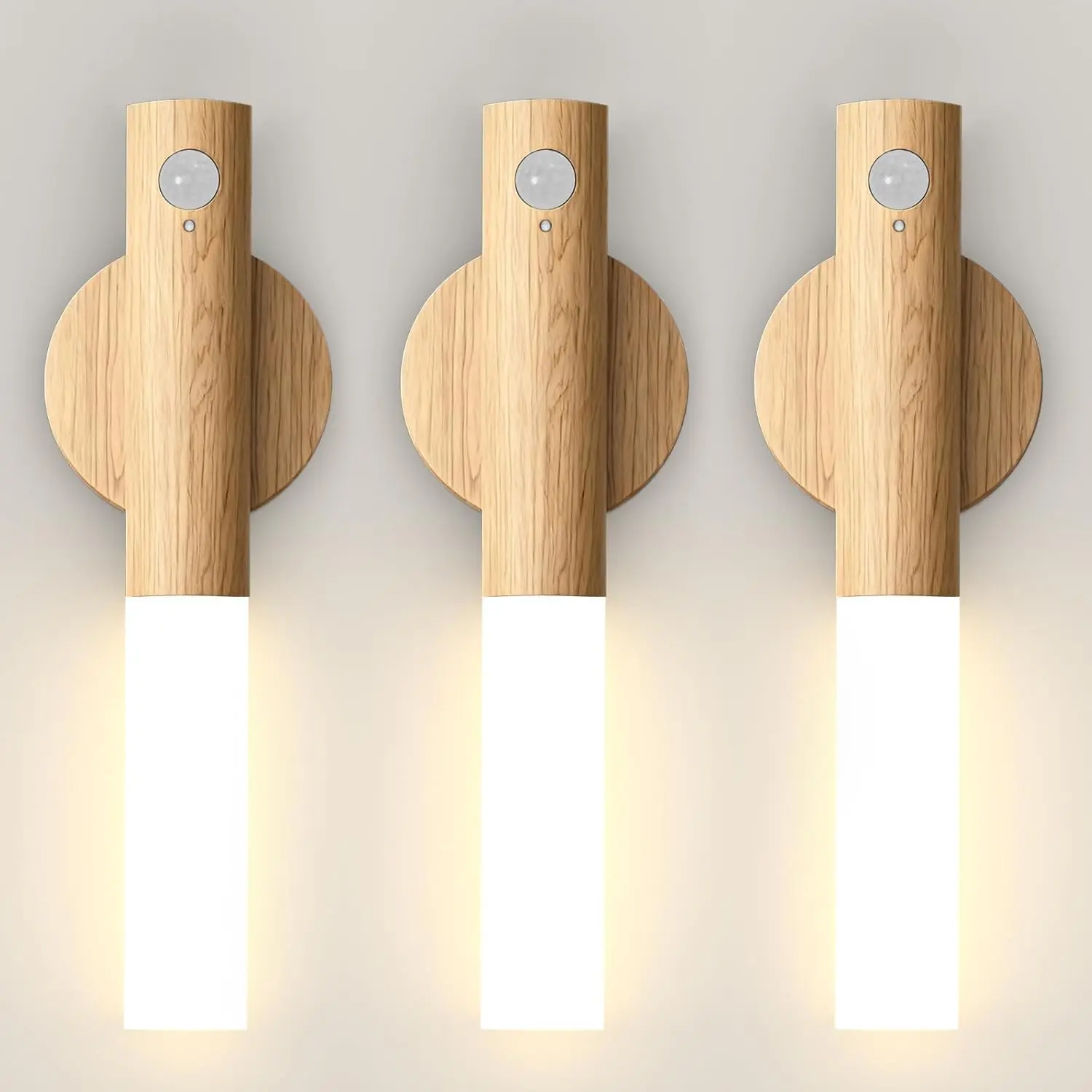 3packs Motion Sensor Light Indoor Night Light Wall Sconce Wooden Rechargeable Portable Magnetic Battery Operated LED Night Light for Kids Bathroom Toliet Light Closet Bedroom,White Ash Wood