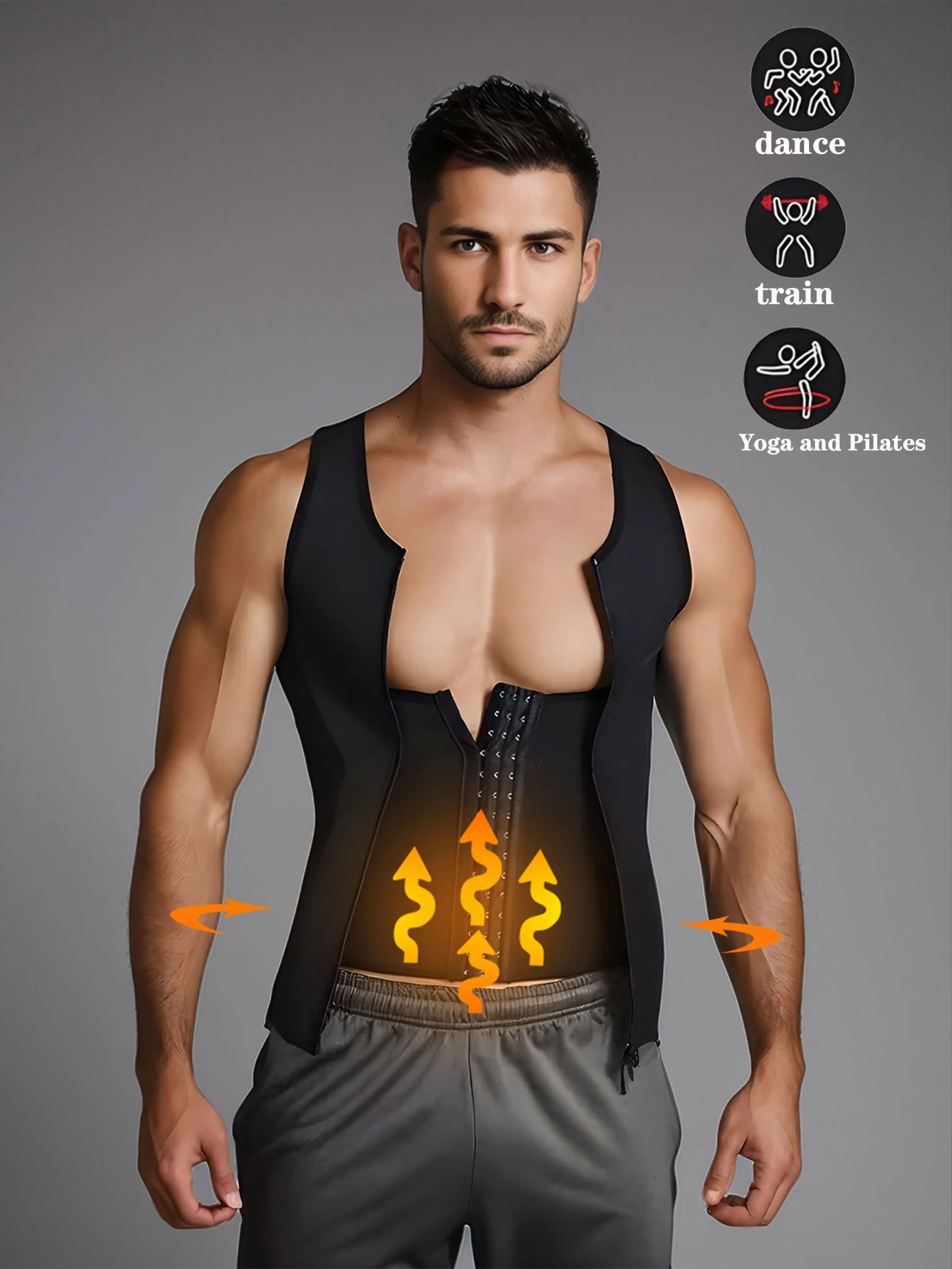 Men's Adjustable Shapewear Waist Belt with Abdominal Control, Compression Waist Trainers Vest, Sports Bra, Tight Chest Binder, Zipper Backless Top, Shaping Waist Belt