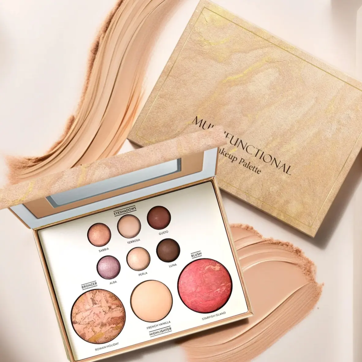 Multicolor All-In-1 Cosmetic Starter Kit - Shimmering Eyeshadow Palette with Contour, Blush, Highlighter Balm, Mineral Oil, Silica, Long-Lasting, No-Smudge, Baked Tan, Smooth Finish Makeup Set for Adults