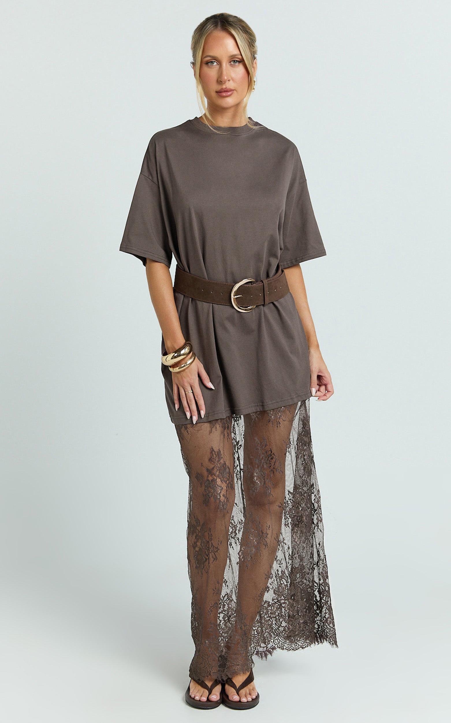 Mntaor Women's Oversized T-Shirt Maxi Dress with Sheer Lace Hem Drop Shoulder Short Sleeve Perfect for Street Style