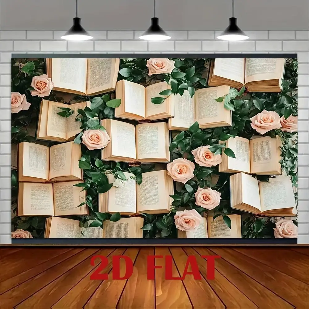 1pc Vintage Literary Polyester Wall Hanging Backdrop - Party Decorations Banners, Beige & Pink Roses, Open Books Design, Multi-Size, Soft Texture, Lightweight Durable 2D Flat, for Book-Themed Parties, Weddings