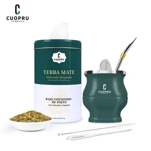 Yerba Mate and 5 in 1 Mate Cup Set include Argentina Mate Gourd Bombilla Straws Tea Shaper set and Cleaning Brush Army Green