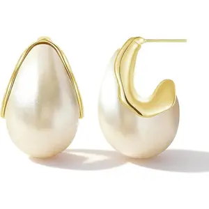 ChicBloom B Big Large Pearl Earrings Pearl Drop Earrings for Women Teardrop Bridal Wedding Earring Chunky Gold Earring Vintage Wedding Jewelry Accessories Trendy Jewelry Gifts