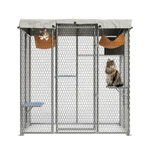 76" H Large Outdoor Cat House & Metal Catio Enclosure – Walk-in Cat House Design with Window Access, Multi-Level Platforms, Hammock, Resting Box & Weatherproof UV Roof Cover – Cat Patio Shelter for Multiple Cats