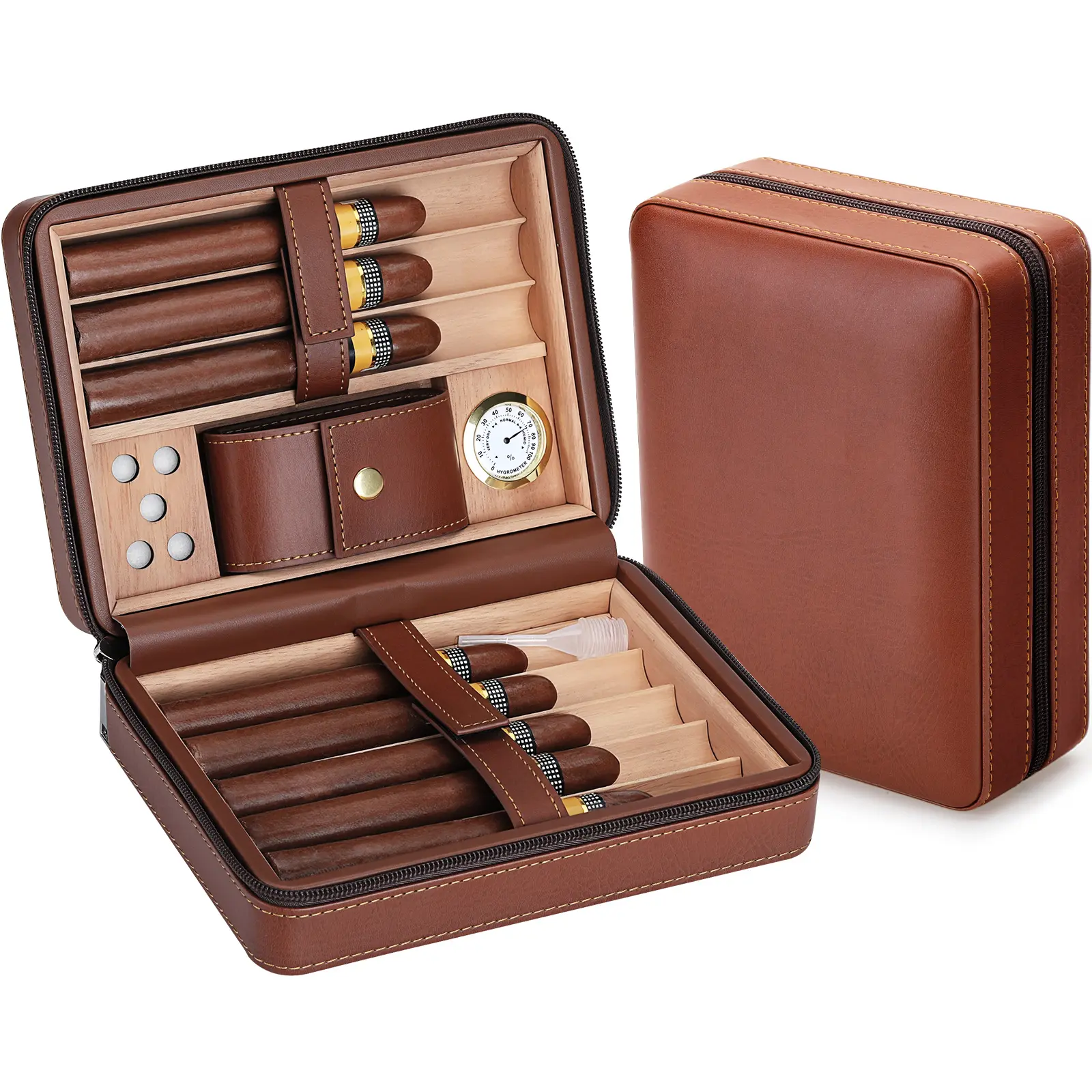 Travel Humidor Case, Portable Cedar Wood Lined Leather Box with Humidifier, Hygrometer, Accessory Pocket, 8-Item Storage, Gift for Men