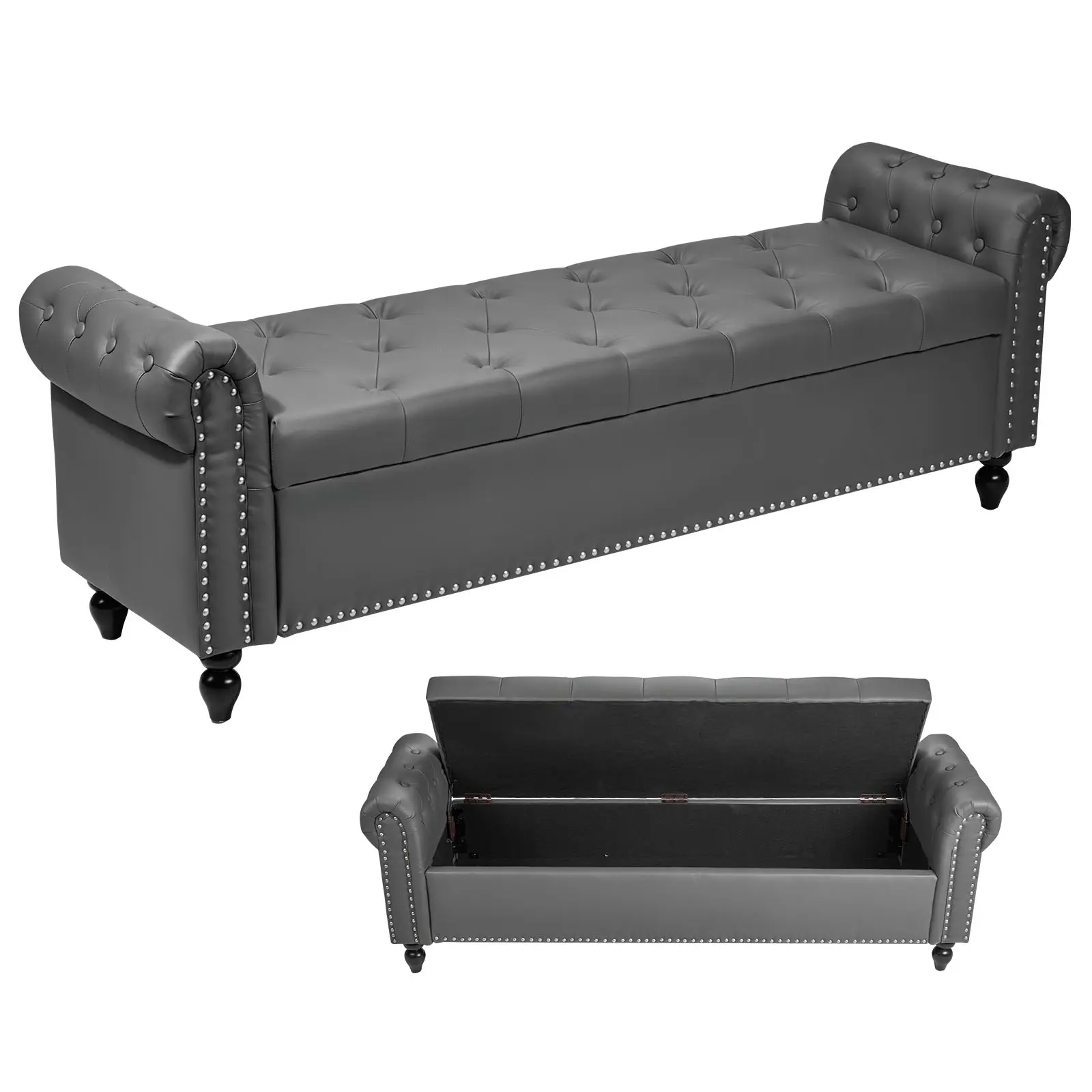 【SummerFinds】VEVOR Button-Tufted Storage Ottoman Bench, Rolled Arm PU Leather Bench with Solid Wood Legs, Modern Shoe Benches Seat for Entryway, Upholstered End of Bed Benches for Living Room, Dining Room, Gray