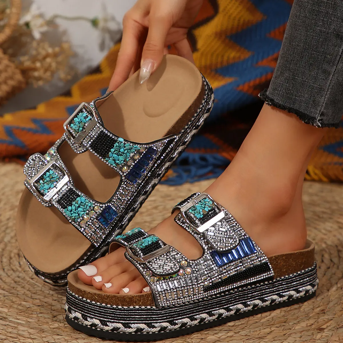 Women’s Turquoise Rhinestone Faux Buckle Platform Sandals - Double Strap Open Toe Boho Comfort Slides for Women, Sandals For Women, Women Sandals tiktokshopbacktoschool