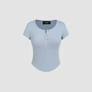 Cider [3 colors, size 0-26] Buckle U-neckline Short Sleeve Tee Dealsforyou