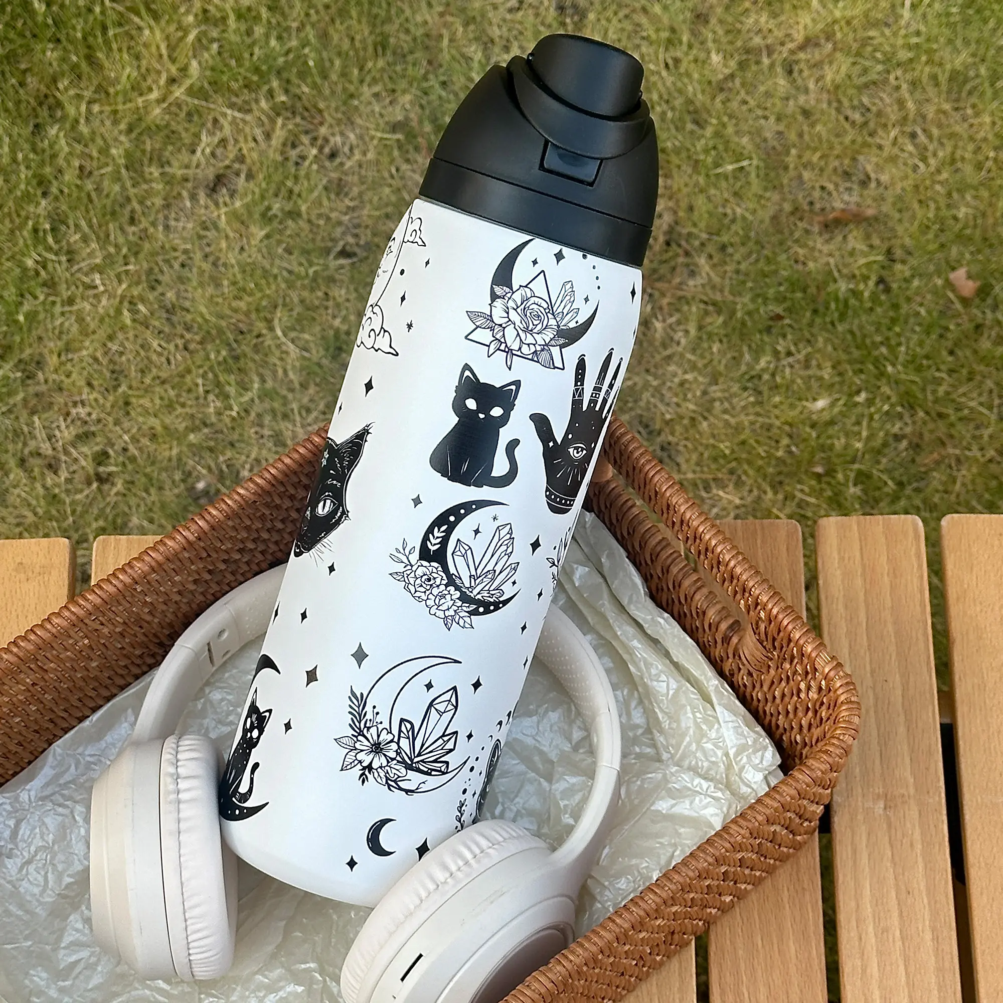 Moon Cat Pattern Stainless Steel Insulated Cup, Stainless Steel Flask, Insulated Tumbler, Thermo Tumbler, Dual-Layer Thermal Mug, Water Bottle, Travel Cup, Outdoor Sports, Gift Idea, Leakproof Tumbler, Double Wall Drinkware, Drinkware Flasks