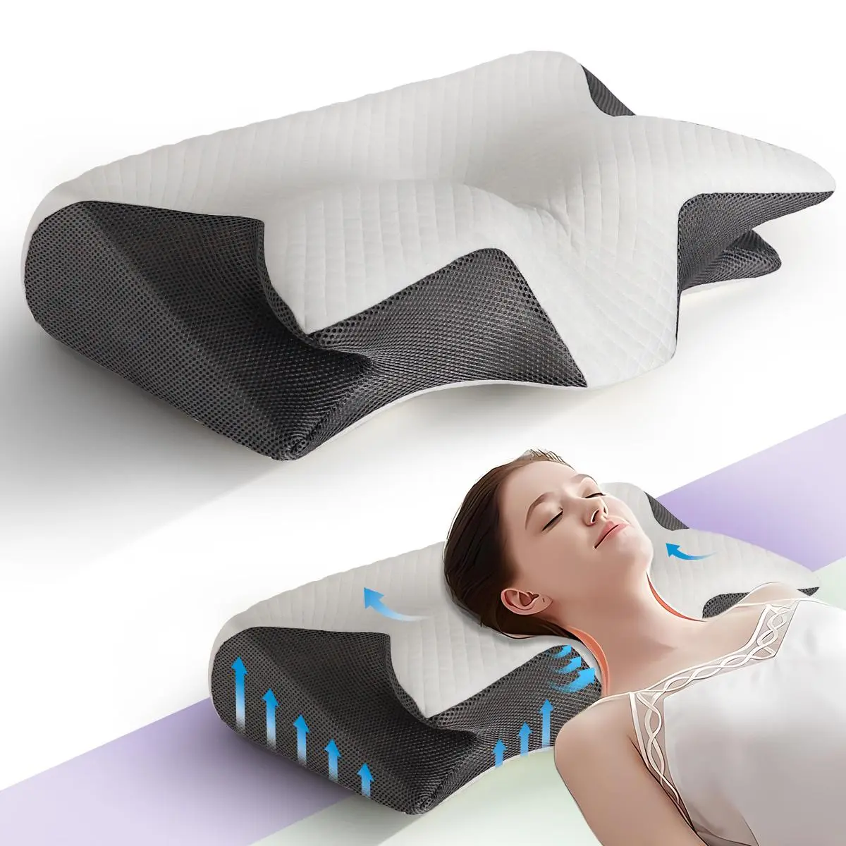 Ergonomic Orthopedic Supportive Memory Foam Neck Pillow, Adjustable Neck Support Pillow, Butterfly Shaped Neck Pillow for Side Sleeping, Back Sleeping & Stomach Sleeping, Memory Foam Cushion