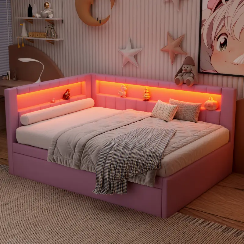 Linen Fabric Full-Size L-Shaped Corner Daybed with Trundle, LED Lights and USB Ports, Ideal for Guest Rooms and Living Rooms, Pink
