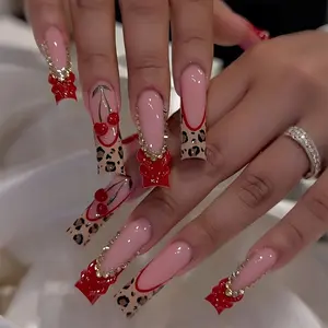 Red Brown Color Block Y2K Press On Nails, Removable Design, Classic Leopard Print with Hand-Painted Cherry and Red French Tips, Rhinestone Gold Bead Edge with 3D Red Ribbon Accents, Long Tapered Removable False Nails with Jelly Glue and Nail File