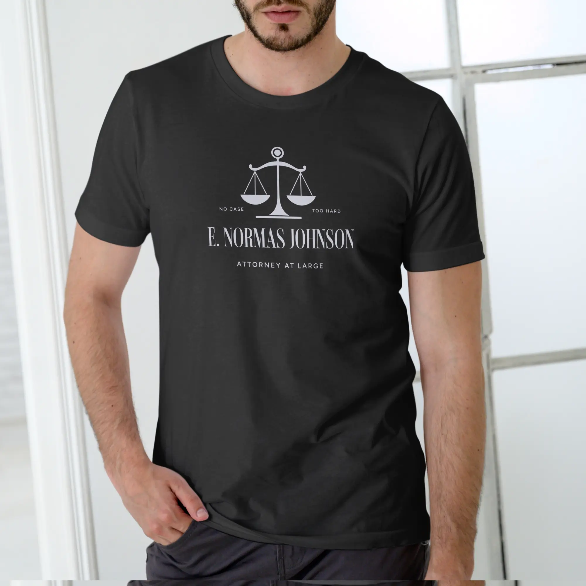 Gildan E. Normas Johnson Attorney Graphic Tee - Shortsleeve Unisex Cut Cotton Top with Breathable Fabric, Funny Gag Gifts for Lawyers, Casual, Classic, Soft, Tops, Casual Wear, Funny Joke, Graphic Print, Office, Shirt, Menswear, Casual Fit
