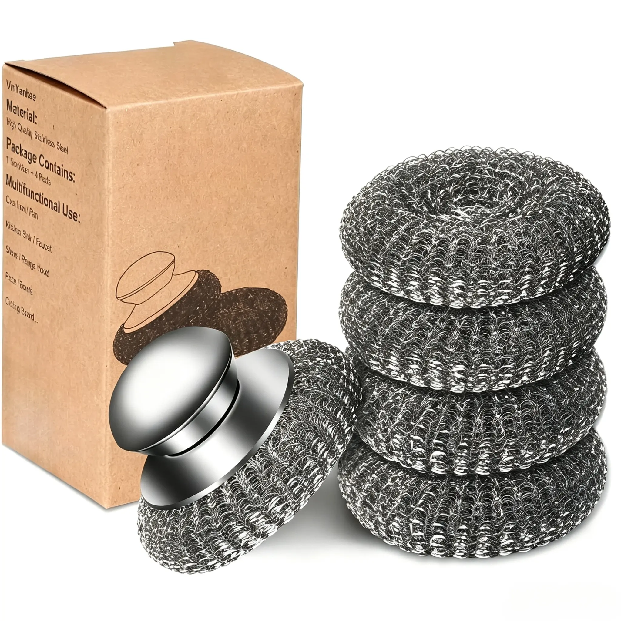 5pcs Steel Wool Scrubber with Replacement Wire Sponge Pads Set, Stainless Steel Scrubber with Handle for Scouring Stubborn Messes from Cast Iron, Pots, Pans, Grill, Stoves, Sink(1 Scrubber+4 Pads)