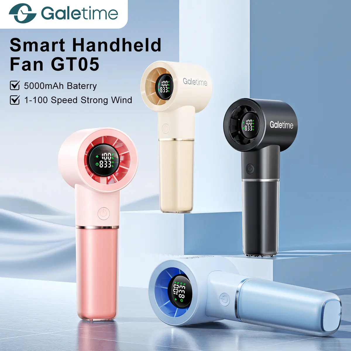 Galetime GT05 5000mAh Handheld Cooling Fan Summer Fan Turbo Jet Fan USB Rechargeable Fan Mini Portable Handheld Clip Fan 100-Speed High Velocity Personal Fan with Digital Clock Display Lightweight Pocket Fan for Travel Camping Outdoor & Daily Cooling