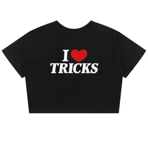 TRNDNG I Love Tricks Baby Tee Seamless T-Shirt - Black Crop Top with Red Heart Design