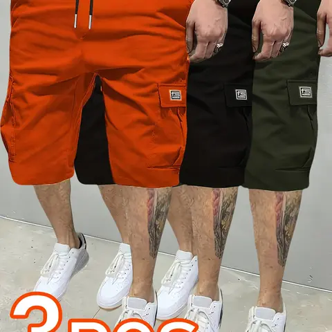 3 Pcs Men's Summer Tropical Casual Outdoor Cargo Shorts, Wear-Resistant Plain Color Shorts with Multiple Pockets and Elastic Waist