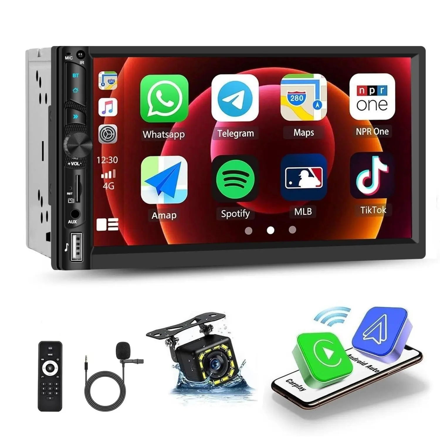 7-inch IPS Touch Screen Double Din Wireless CarPlay Android Auto Car Media Player - Auto Radio with YouTube Playback, WiFi GPS, FM Bluetooth Hands-Free, MirrorLink, Backup Camera, EQ, USB, Auxiliary Input, SWC, MIC, Car Accessories, Father's Day Gift