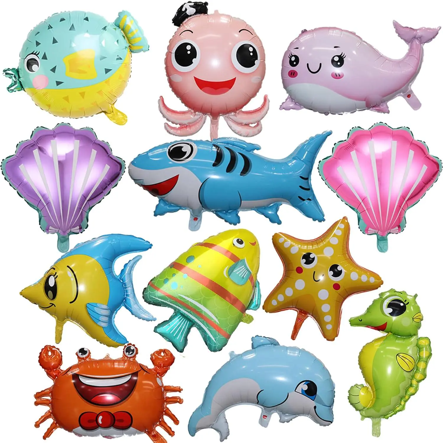 【Summervibes】12 pcs Large Cute Sea Animal Balloons Octopus Shark Fish Dolphin Hippocampus Crab Scallops Foil Balloons for Boys Girls Sea Underwater Animals Theme Party Decoration