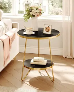 Faux Marble End Table, 2 Tier Round Side Table With Storage Shelf, Modern White Nightstand Bedside Table Small Coffee Accent Table For Living Room, Bedroom