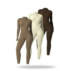 Women’s Zip Mock Neck Long Sleeve Workout Jumpsuit, Buttery Soft Compression Unitard Bodysuit, Quick Dry 4 Way Stretch for Yoga Gym, Minimalistic Activewear