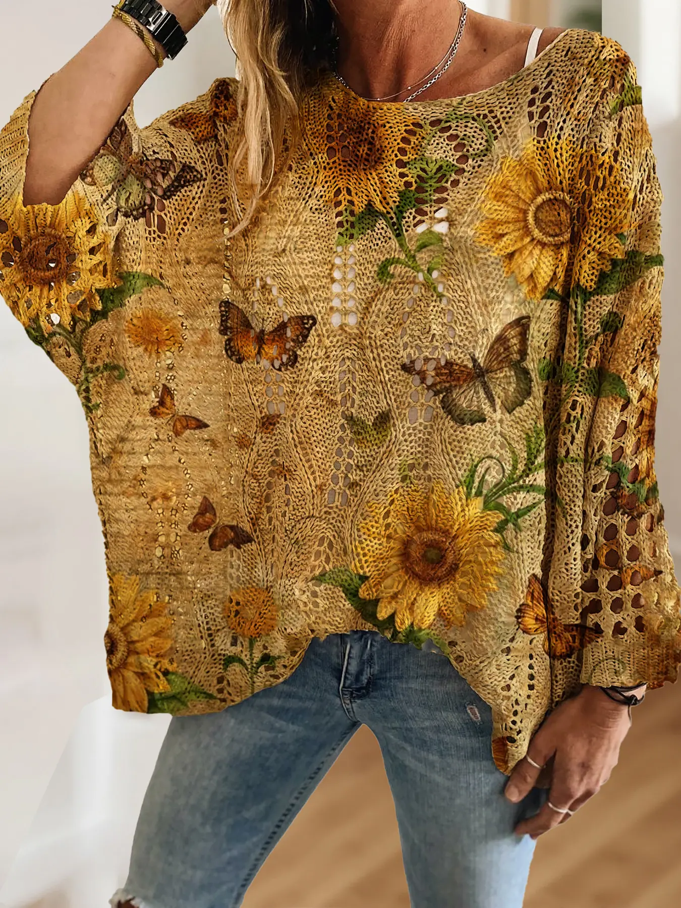 Women's Sunflower Floral Butterfly Print Long Sleeve Boho Loose Batwing Knit Hollow Out Top, Boho Casual Jumper, Casual Elegant Vacation Style Lightweight Knit Sweater, Comfortable Breathable Loose Fit