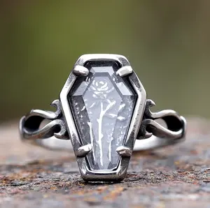 Quality Titanium Steel Creative Coffin Rose Design Personality Ring (Size 8-13)