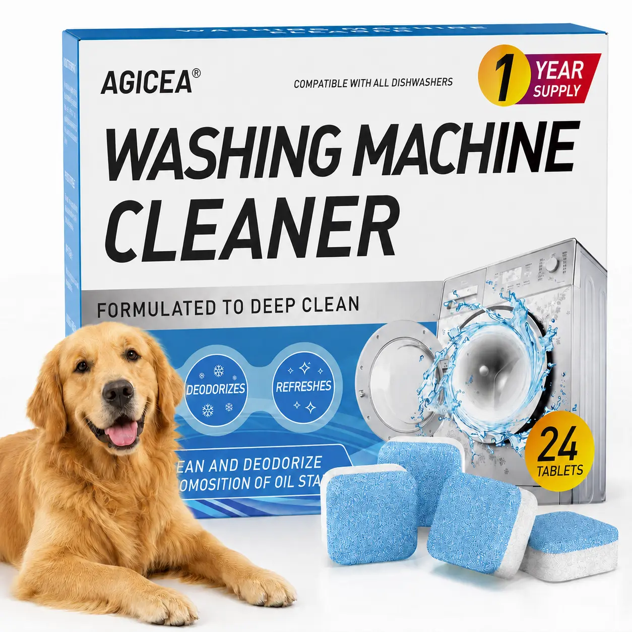 Washing Machine Cleaner Descaler 24 Pack - Deep Cleaning Tablets For HE Front Loader & Top Load Washer, Septic Safe Eco-Friendly Deodorizer, Clean Inside Drum and Laundry Tub Seal - 12 Month Supply Ideal for Cleaning Pet, Human Hair and Various Debris