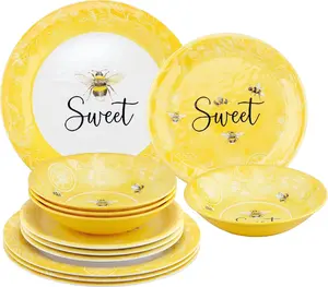 12 Piece Sweet Bees Melamine Dinnerware Sets, Outdoor Dishes Set, Plates and Bowls Sets, Service for 4, Yellow