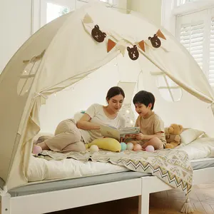 Kids' Dream Playhouse Tent, Indoor Outdoor Floor Twin Bed Tent, Portable Play Tent for children, Breathable Sleeping Tent, with Stars Lights& Flags