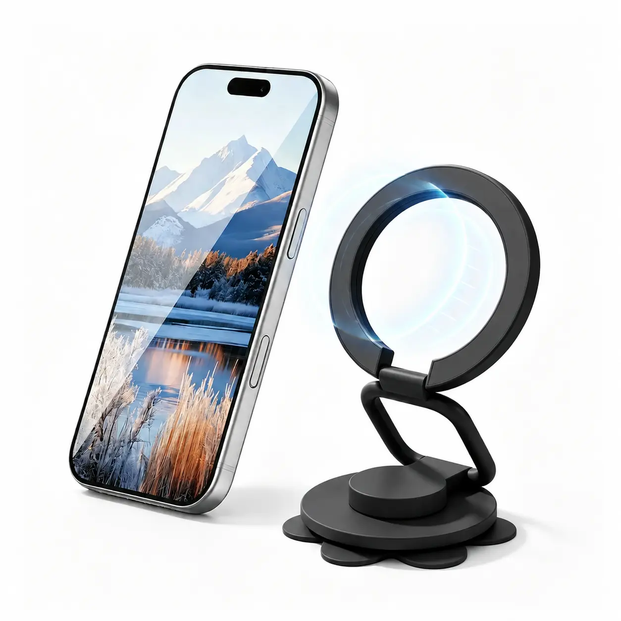 MagSafe magnetic mount, silicone magnetic phone ring holder, desktop magnetic phone stand for live streaming, vacuum suction cup magnetic navigation mount for car windshield, double-sided silicone adhesive magnetic phone ring stand, portable foldable MagS