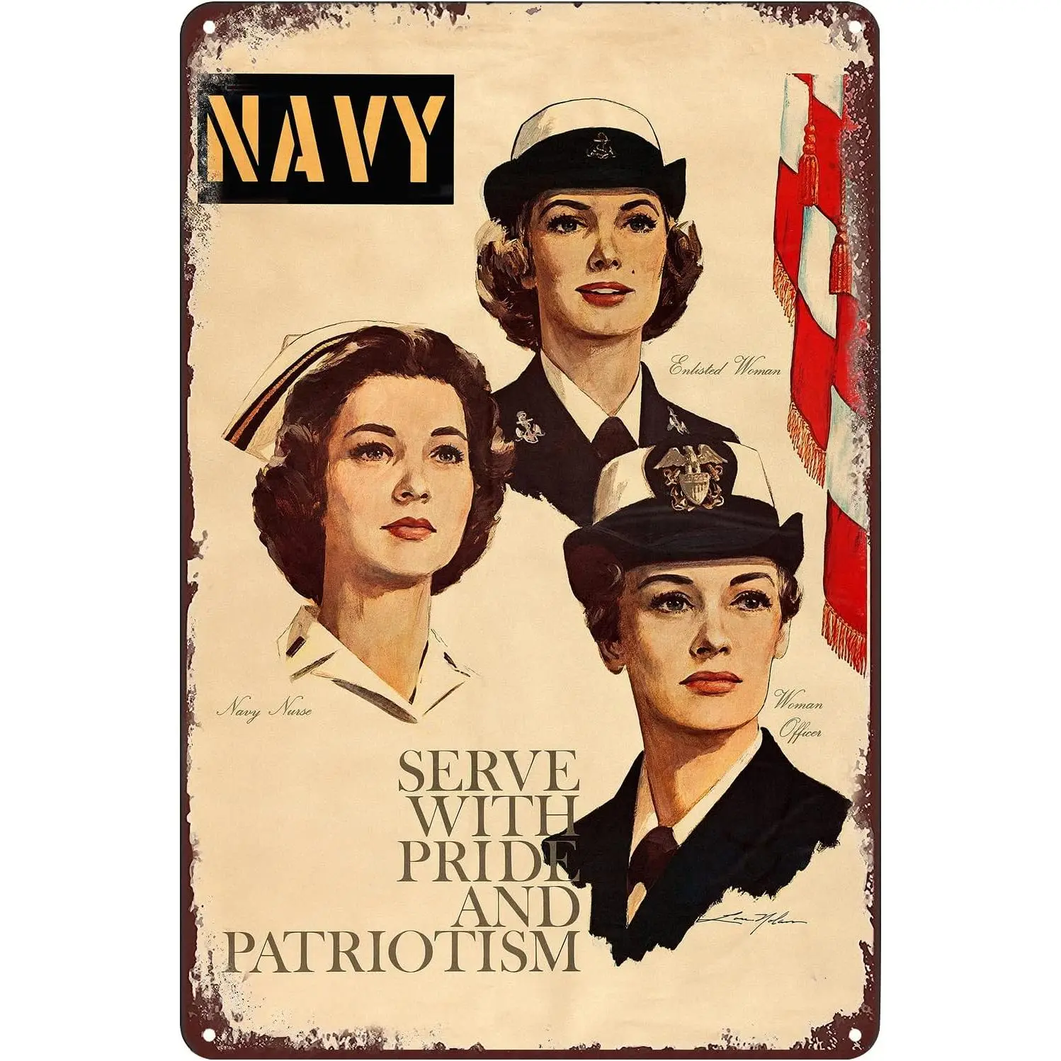 Vintage Metal WW2 US Navy Women's Recruiting Poster Tin Sign - Military Decorative Artwork Collectible Home Supplies, 8x12 in Lightweight Hanging Plaque, US Pride Wall Decor for Bar Office Walls, Collectibles