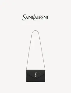 Pre-owned YVESSAINTLAURENT YSL Saint Laurent Cassandre Envelope Middle Black Grain Leather Silver Chain