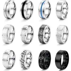 Cassieca Men's 12pcs 8mm Stainless Steel Ring Set, Matte Finish & Polished Bands, Vintage/Chain/Bottle Opener Designs, Stackable, Gift-Ready, Sizes 7-13, Ideal for Daily Jewelry Accessories