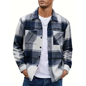 Men's Collared Thick Flannel Plaid Long Sleeve Shirt Jacket - Polyester-Cotton Blend, Warm, Casual, Pocket-Equipped Sports Outerwear, Longsleeves