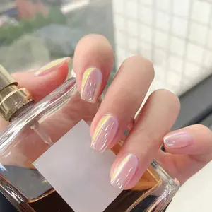 24pcs Aurora Powder Mirror Nail Art, Transparent Glass Paper Gradient Nails, High-End Short Square Nail Tips, Dreamy Gold Glitter, DIY Nail Art