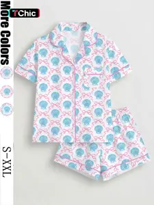 Women's Sleepwear Set, Cartoon Pattern Fitted Short Sleeve Top & Elastic Shorts, Valentine's Day Gift, Casual Home Wear, Pajama Loungewear