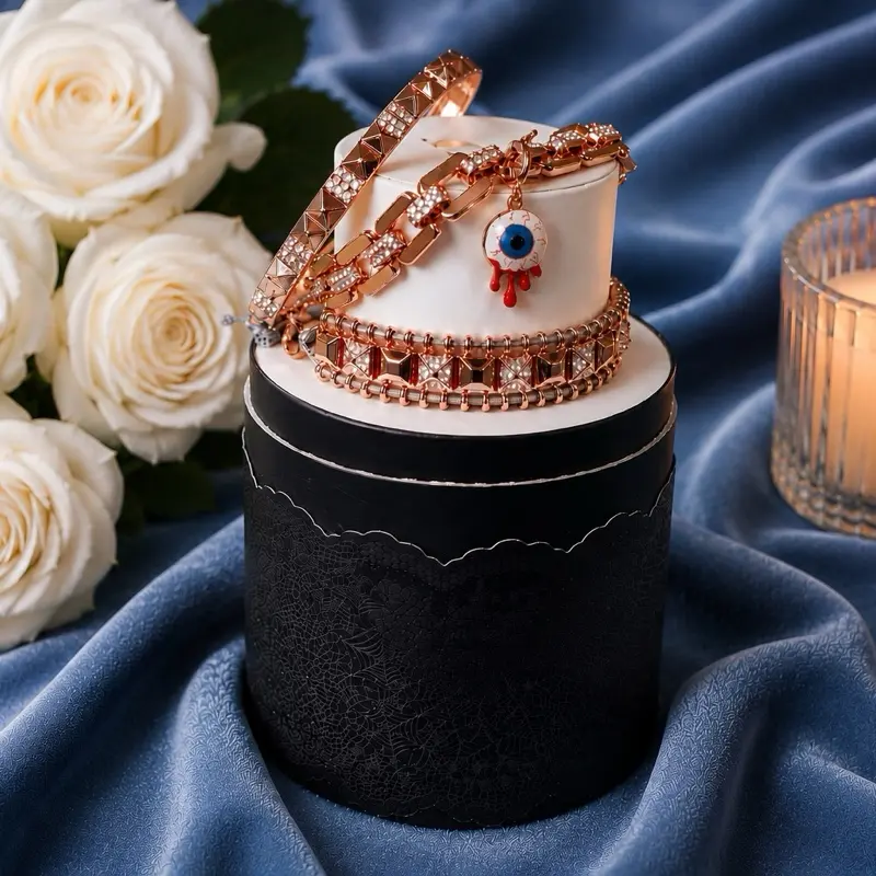 BOMB PARTY Rose Gold-Plated Chain Jewelry Bracelets & Bangles Stack, "If Looks Could Kill" Lab-Created Stones, Adjustable Unisex Set with Eyeball Removable Charm for Witchcraft Aesthetic, Luxe Finish, Unique for Those Who Love Unique Accessories