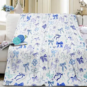 Fluffy Flannel Throw Blanket with Blue Bow, 50x60 in Lightweight Beds Couches Throw, Living Room Home Decor Ideal Gift for Adults, Fluffy Blanket
