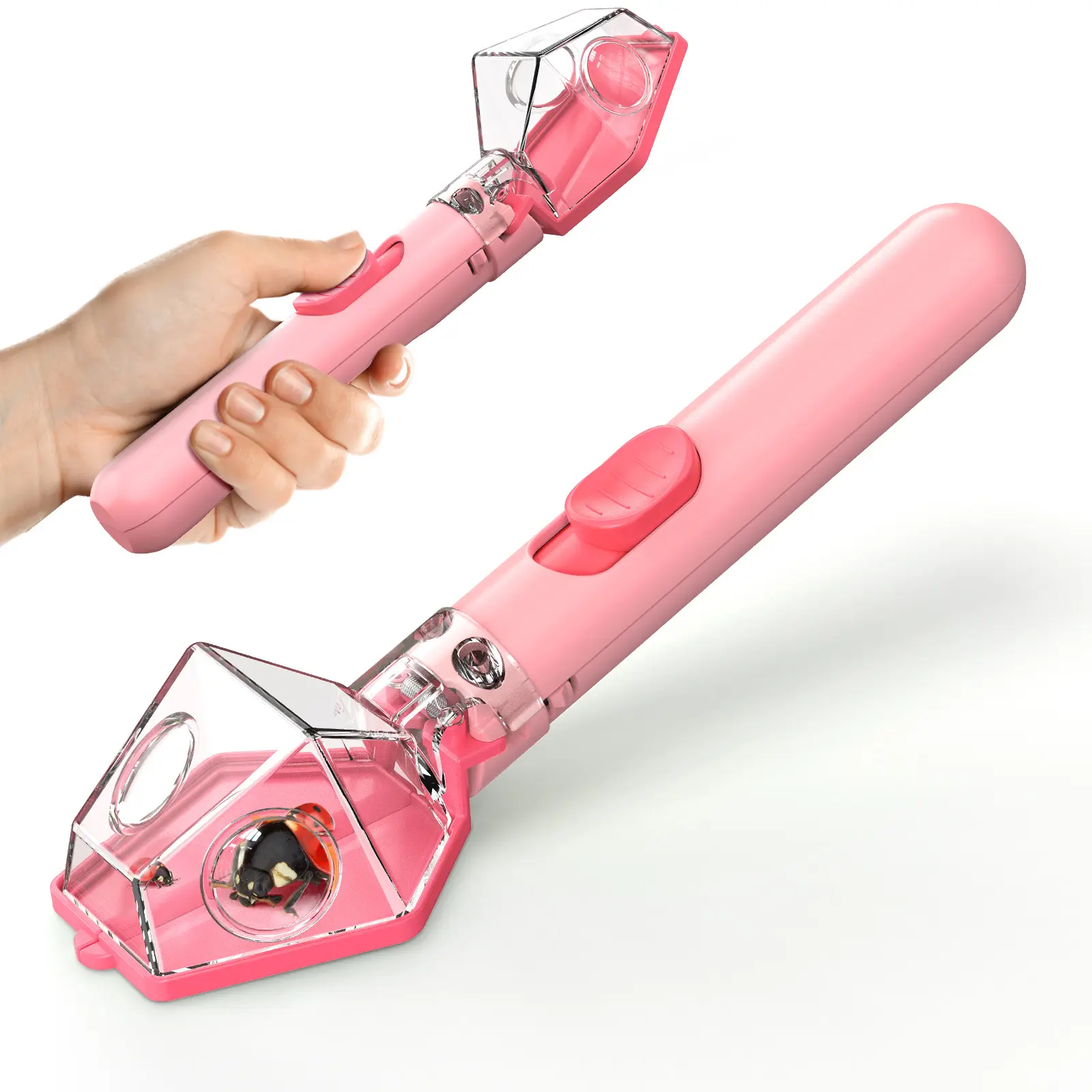 Kids Hand-Held Bug Catcher - 6X Magnification, 1-Thumb Operated Escape-Proof Insect Collector, Odor-Free Safe ABS & Acrylic Material, Portable STEM Educational Toy for Backyard Camping, Boys & Girls Ages 3-12 (Pink)