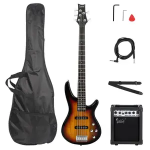 GIB 5-String Full Size Electric Bass Guitar with SS Pickups & Amp Kit - Sunset Color, Adjustable Bridge, Brazilian Rosewood Fretboard, Includes Gig Bag, Strap, and Accessories for Experienced Players, Bass Guitar Accessories, Musician'S Gear, Sleek Instr
