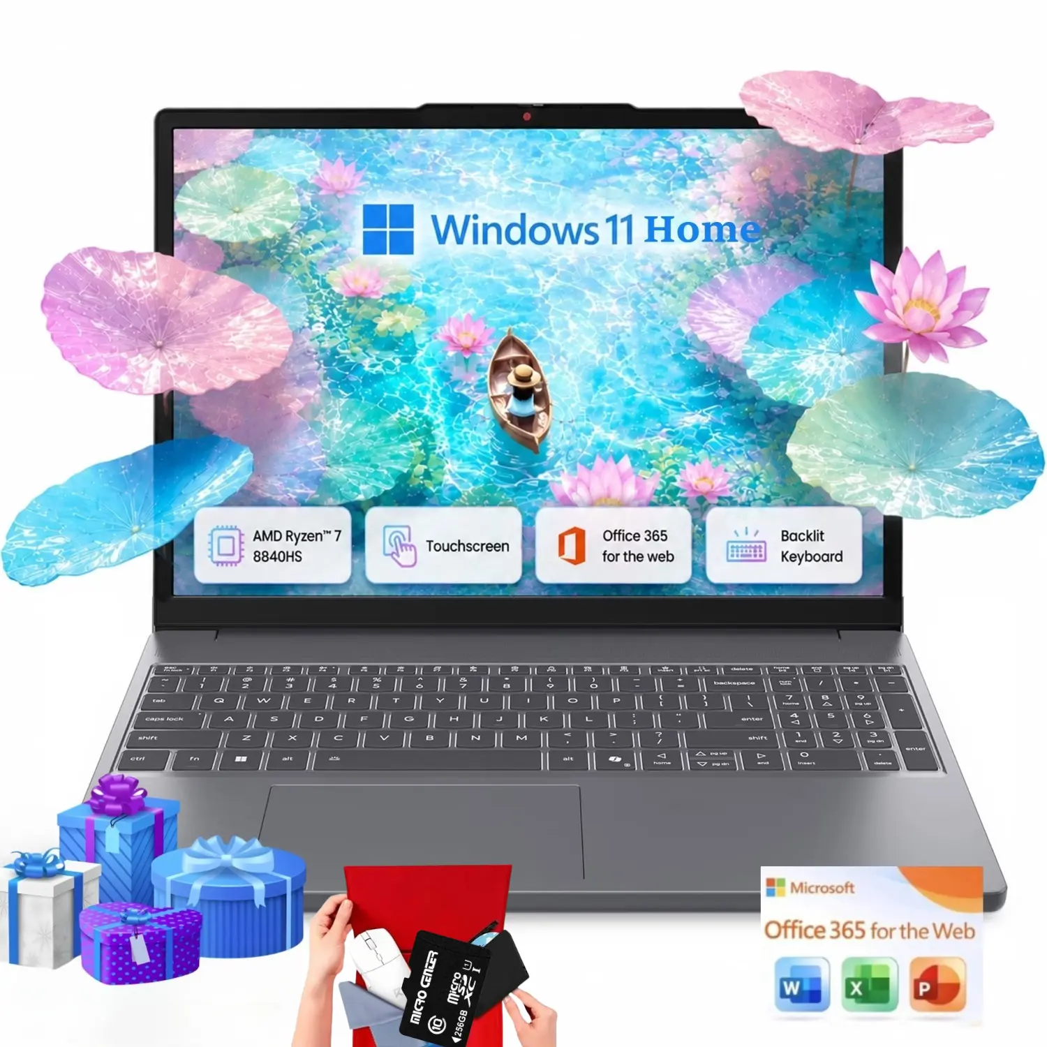 Lenovo 15.3" LCD Touchscreen Laptop (2026, Gray) - AMD Ryzen 7 8840HS, Up to 32GB RAM, 1TB SSD, FHD 1080p Display, Radeon 780M Graphics, Win 11 Home, Backlit Keyboard, IR Camera, Bundle Pack Accessories