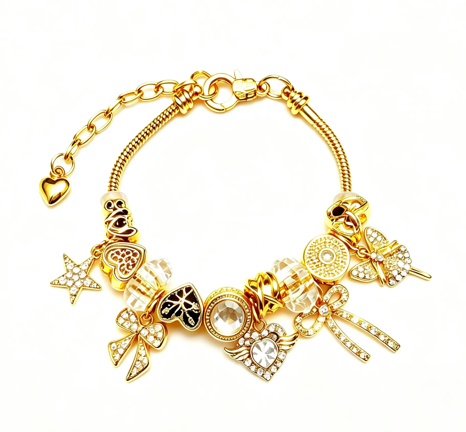 Fashion Gold-Tone Charm Bracelet for Women, Crystal Star Bow Heart Wing Dangle Bracelet, Adjustable Costume Jewelry Gift for Girls