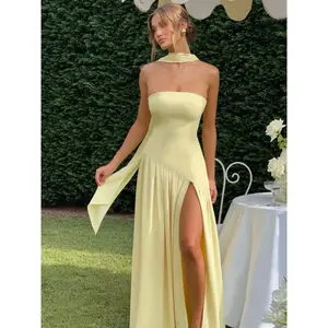 Elegant backless and strapless long dress, high waisted design, slim fit plain fabric, perfect formal evening gown for all seasons, women's clothingRAIMENTRY
