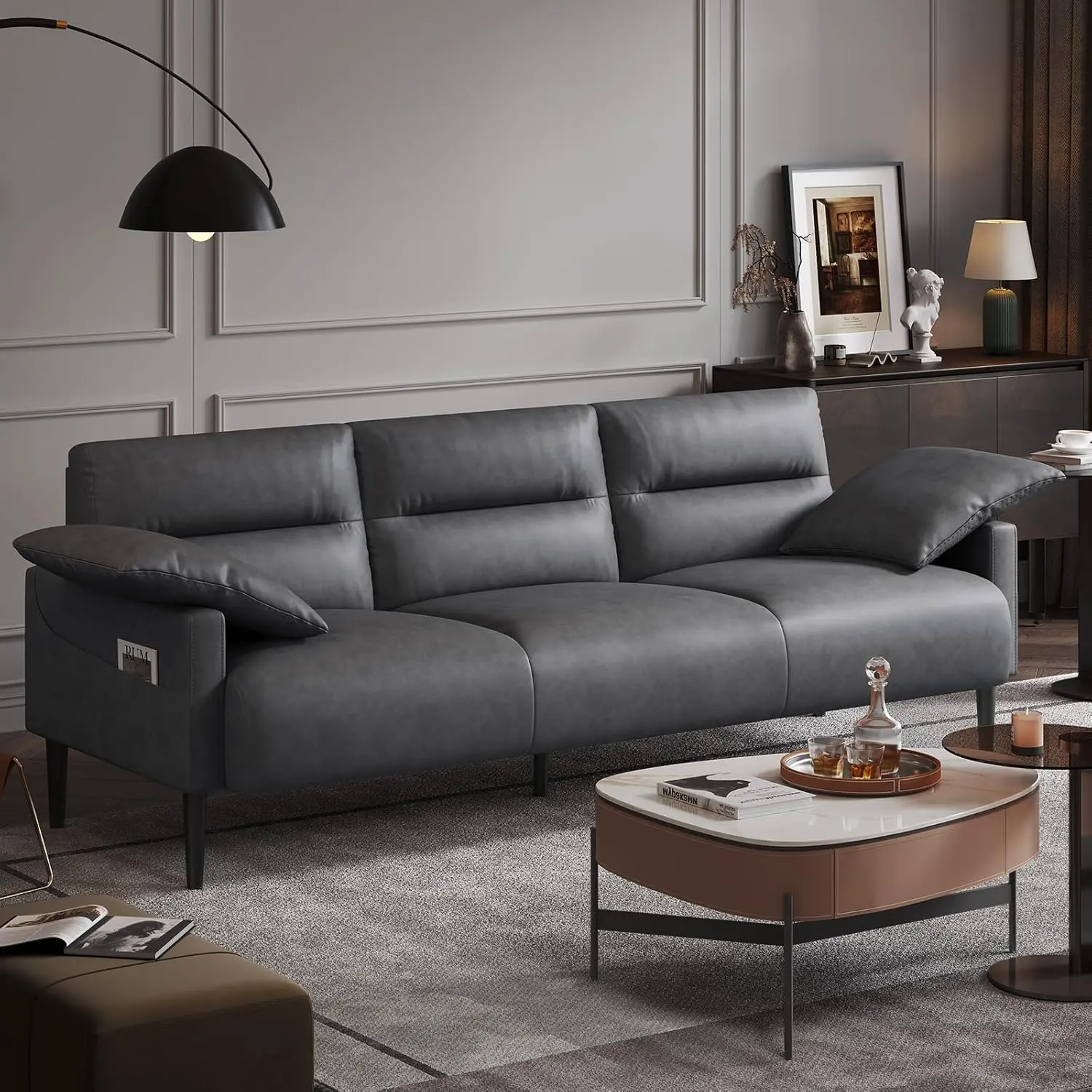 COPIAE 83" Width Mid-Century Faux Leather 3-Seater Sleeper Sofa - Modern Sofa-Bed Ready with 3-Person Seating, Pillows, Solid Wood & Metal Frame, Pocket Armrests, Pre-Cut Parts, 20.9" Deep Seat, Stain Resistance, 24 Hours Customer Services for Living Room