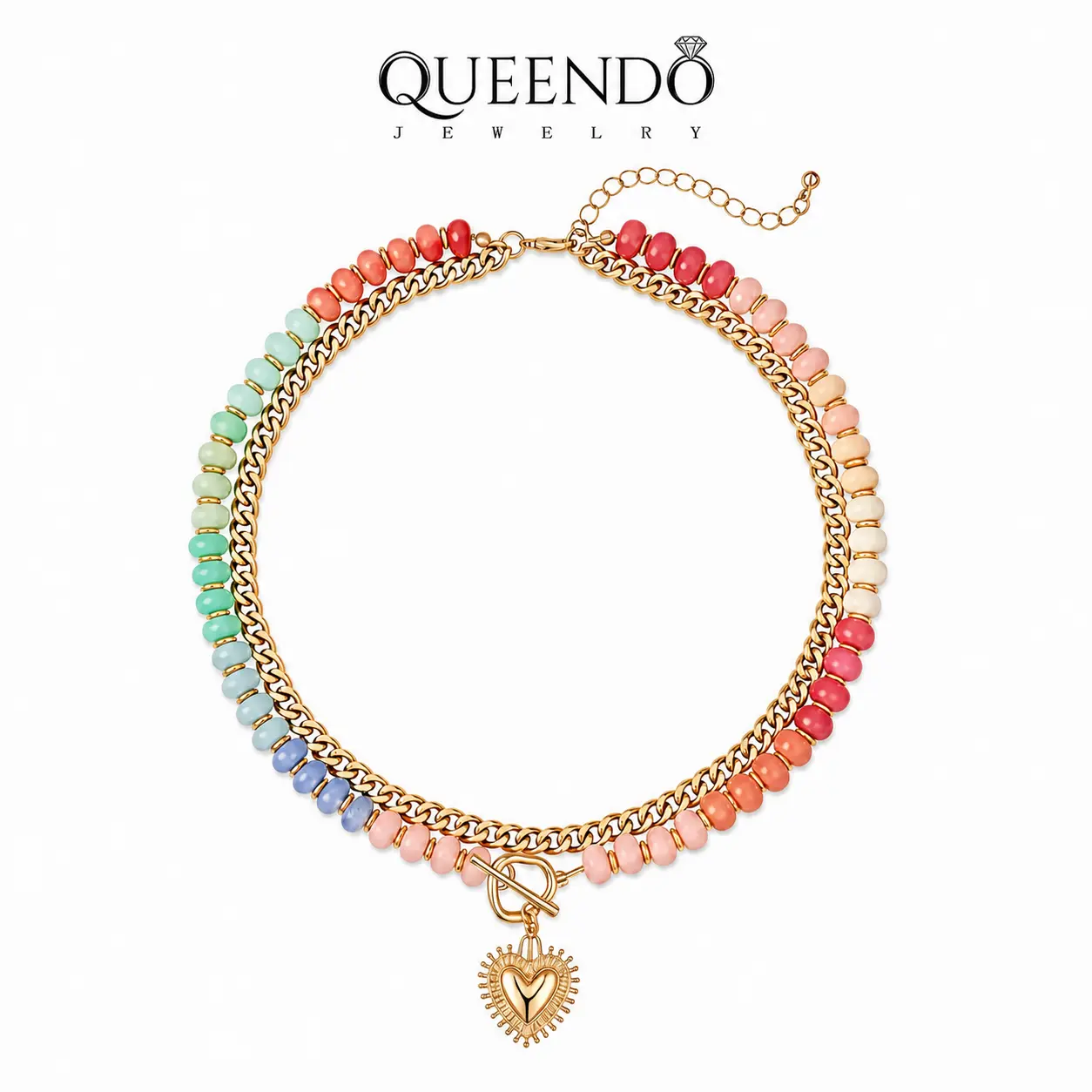 QUEENDO Women's Rainbow Beaded Heart Pendant Necklace, Gold-Tone Metal Layered Chain, Female Party Colorful Costume Chain Jewelry Necklaces
