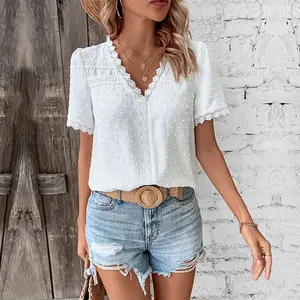 Solid Casual Loose Blouses For Women Fashion Summer Vintage Women's Oversized Shirts And Blouses Elegant Youth Female TopsSwiss Dot Boho Tops V Neck Ruffle Short Sleeve Blouses Shirt Trendy Lace Casual Tee