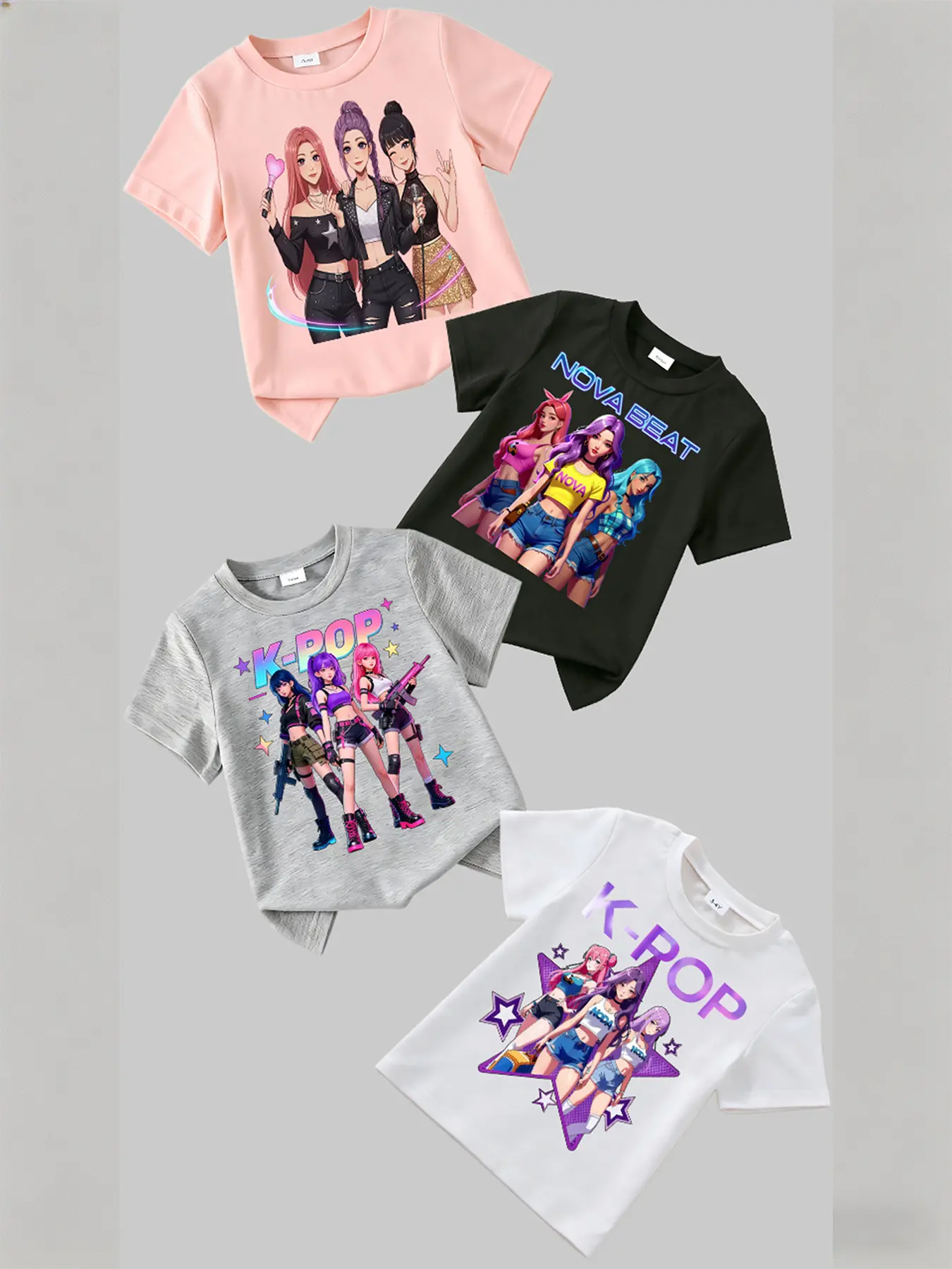 Kids 4-Piece Set Casual Short Sleeve T-Shirts, Graphic Tee, Cartoon Print, Soft Fabric, Spring Summer Wear, Girls Ages 8 and Under, Graphic Printed Tees