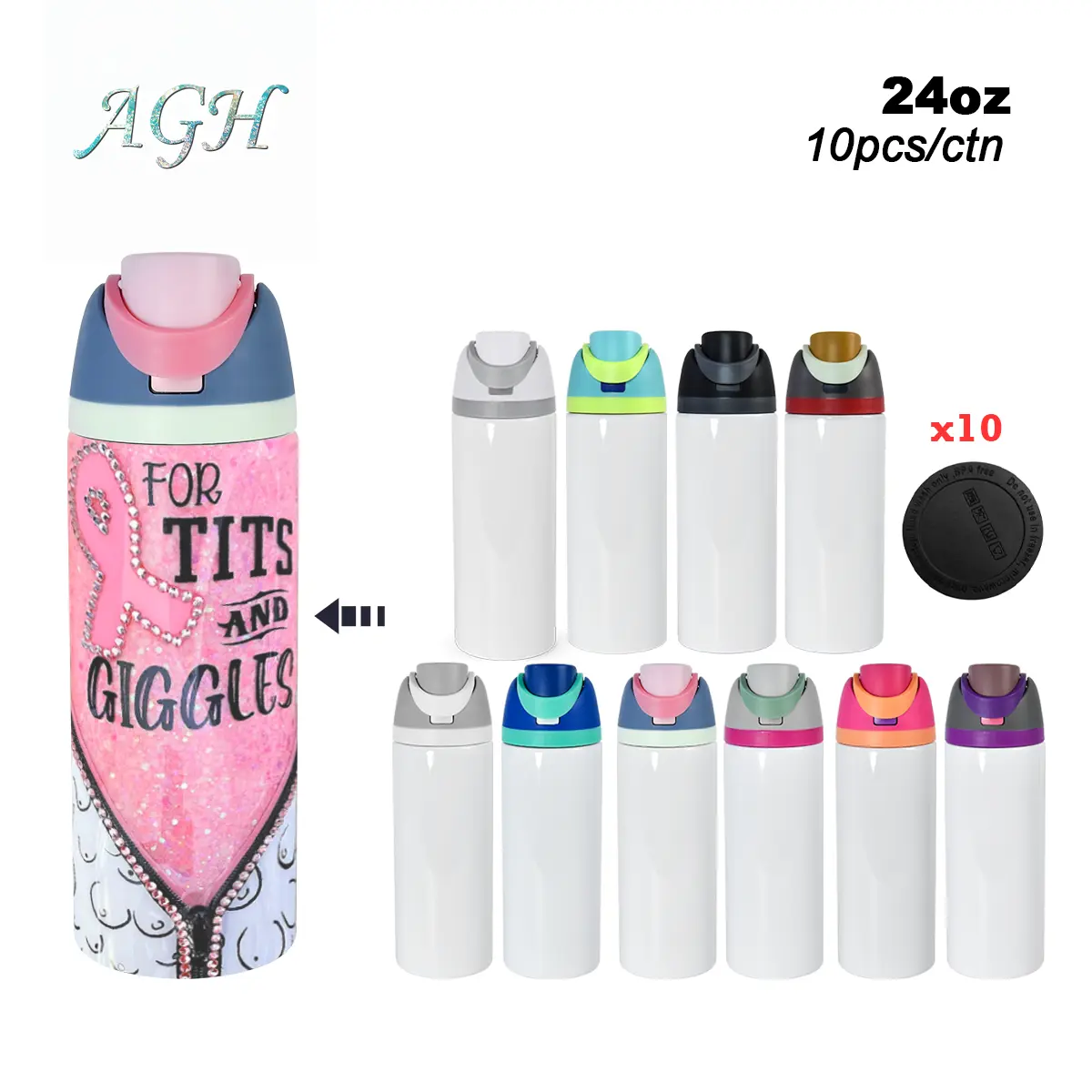 AGH US 10pcs 24 OZ Sublimation blank white straight sports tumbler with handle lids mixed color for custom diy 304 stainless steel drinkware double walled tumbler